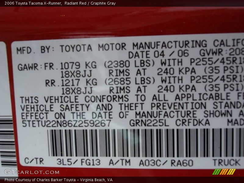 2006 Tacoma X-Runner Radiant Red Color Code 3L5