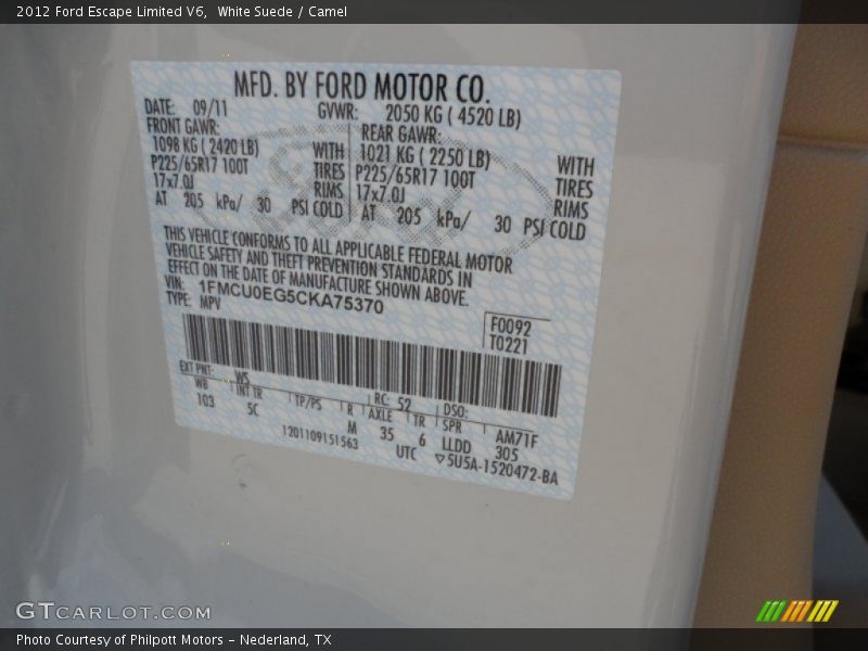 White Suede / Camel 2012 Ford Escape Limited V6