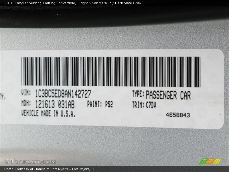 Bright Silver Metallic / Dark Slate Gray 2010 Chrysler Sebring Touring Convertible