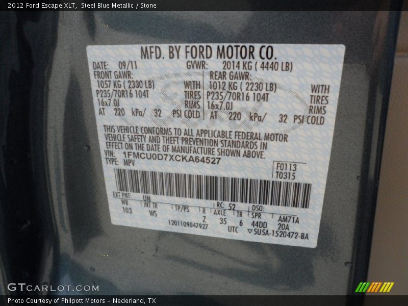 Steel Blue Metallic / Stone 2012 Ford Escape XLT