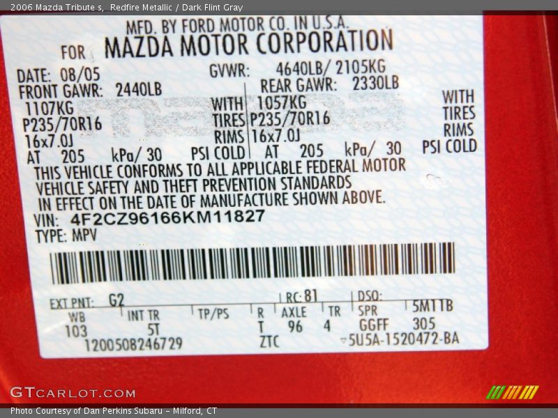 2006 Tribute s Redfire Metallic Color Code G2