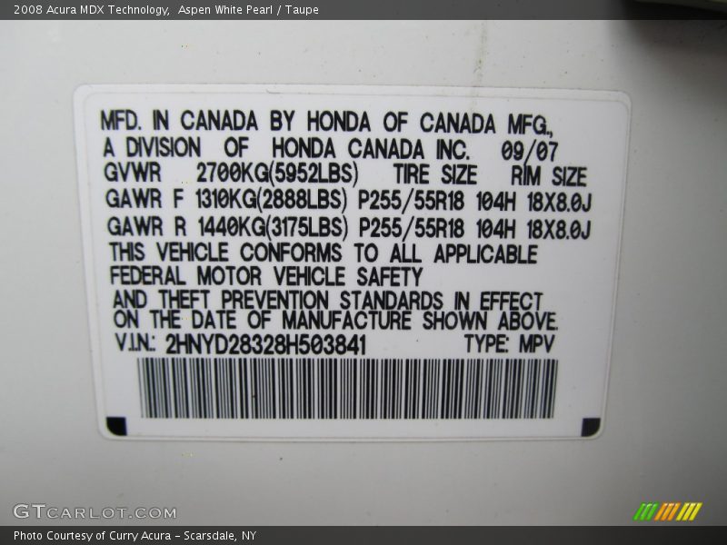 Aspen White Pearl / Taupe 2008 Acura MDX Technology