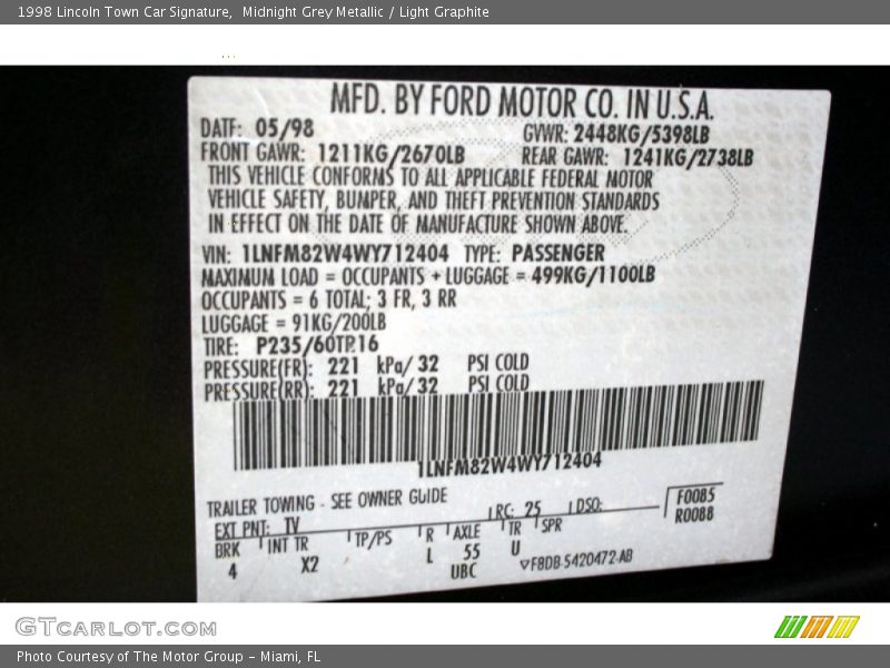 Midnight Grey Metallic / Light Graphite 1998 Lincoln Town Car Signature