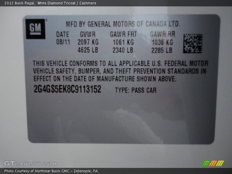 White Diamond Tricoat / Cashmere 2012 Buick Regal