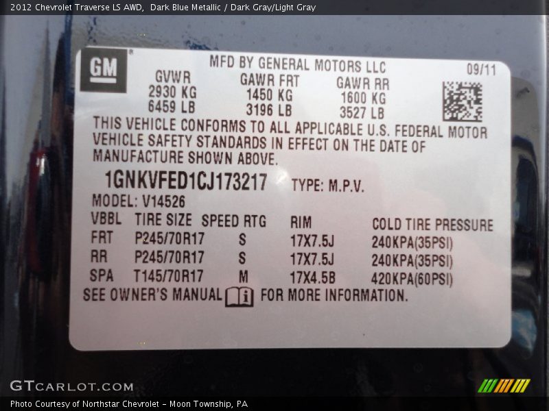 Dark Blue Metallic / Dark Gray/Light Gray 2012 Chevrolet Traverse LS AWD