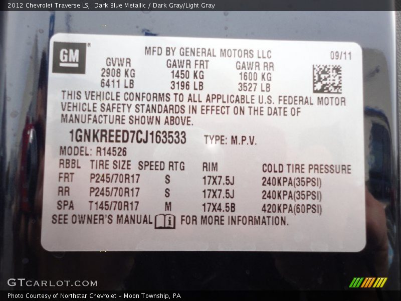 Dark Blue Metallic / Dark Gray/Light Gray 2012 Chevrolet Traverse LS