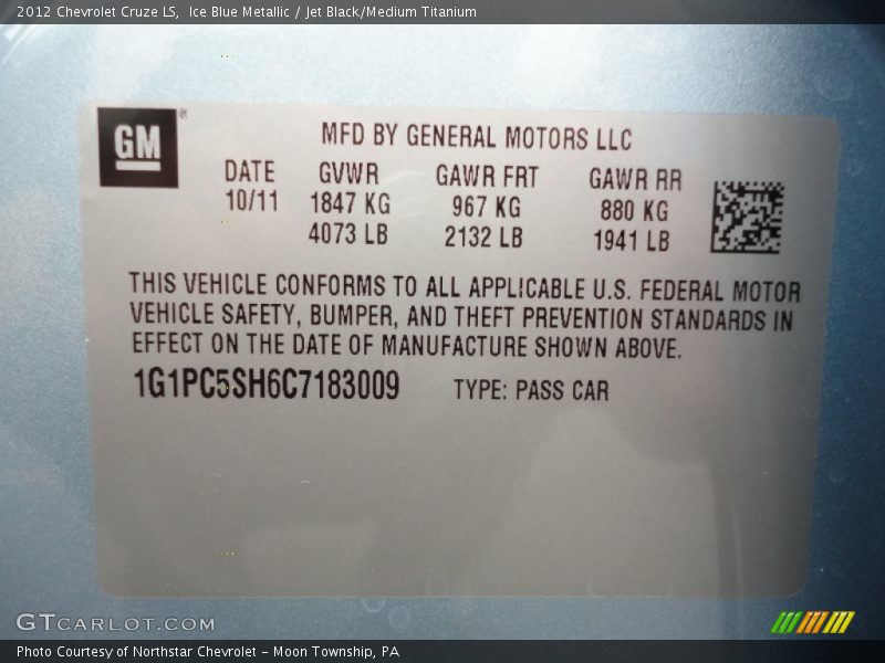 Ice Blue Metallic / Jet Black/Medium Titanium 2012 Chevrolet Cruze LS
