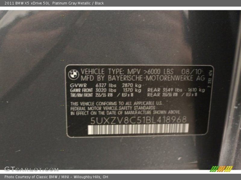 Platinum Gray Metallic / Black 2011 BMW X5 xDrive 50i