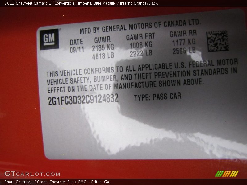 Imperial Blue Metallic / Inferno Orange/Black 2012 Chevrolet Camaro LT Convertible