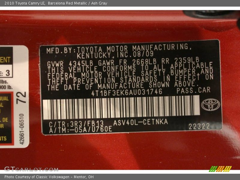 Barcelona Red Metallic / Ash Gray 2010 Toyota Camry LE