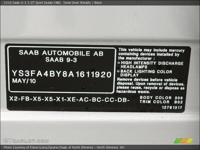 2010 9-3 2.0T Sport Sedan XWD Snow Silver Metallic Color Code 309