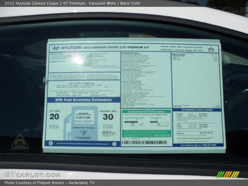  2012 Genesis Coupe 2.0T Premium Window Sticker