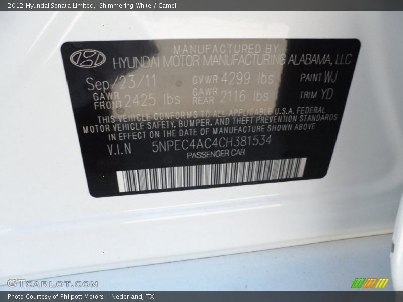 2012 Sonata Limited Shimmering White Color Code WJ