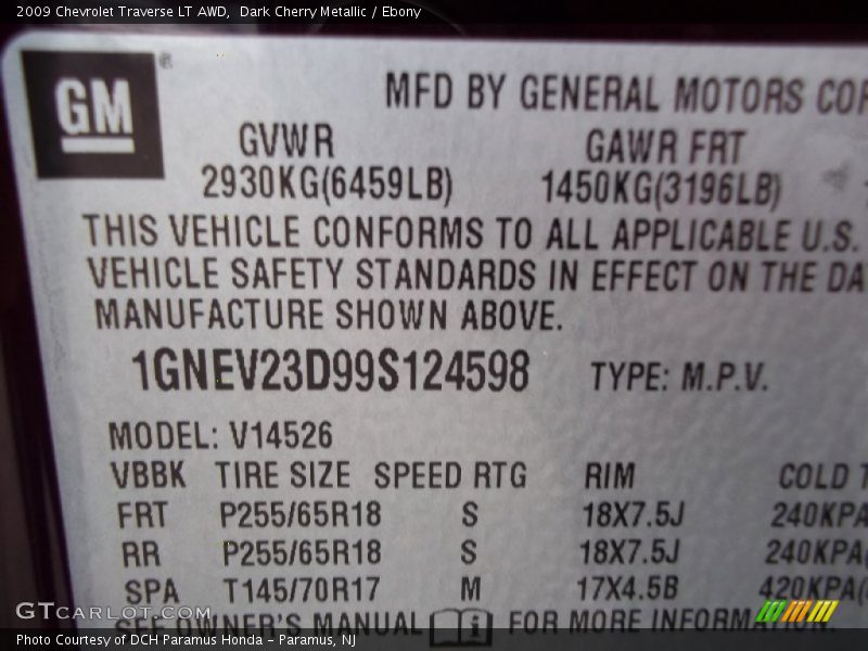 Dark Cherry Metallic / Ebony 2009 Chevrolet Traverse LT AWD