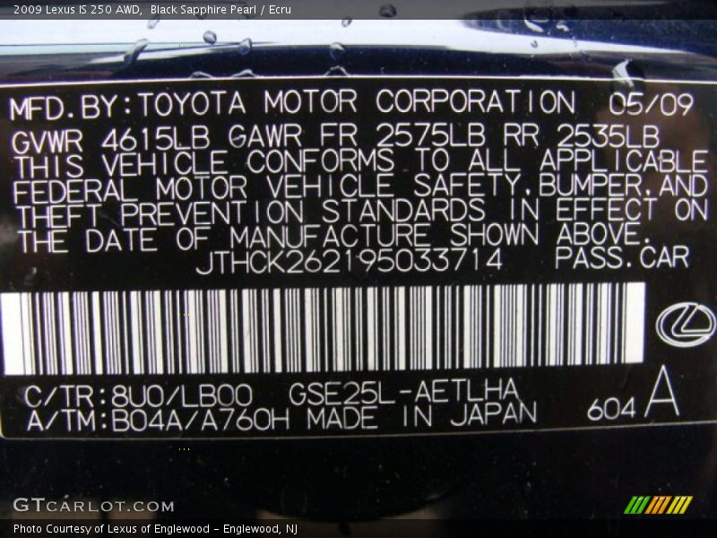 Black Sapphire Pearl / Ecru 2009 Lexus IS 250 AWD