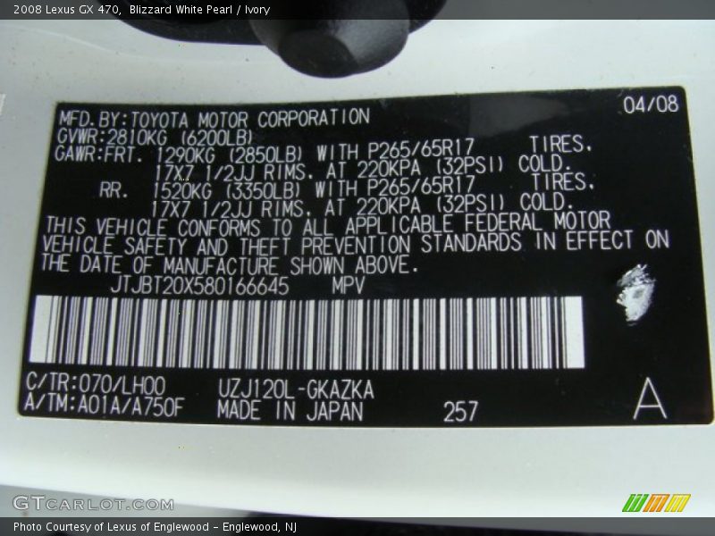Blizzard White Pearl / Ivory 2008 Lexus GX 470