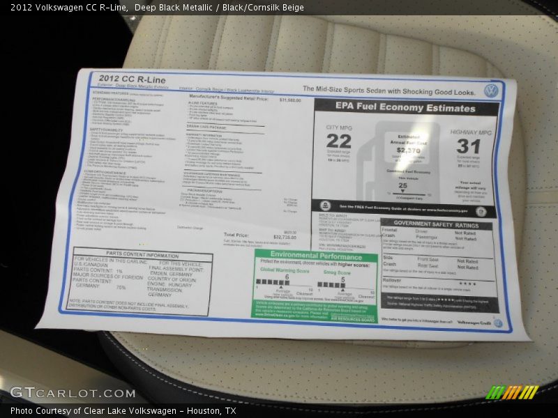 Deep Black Metallic / Black/Cornsilk Beige 2012 Volkswagen CC R-Line