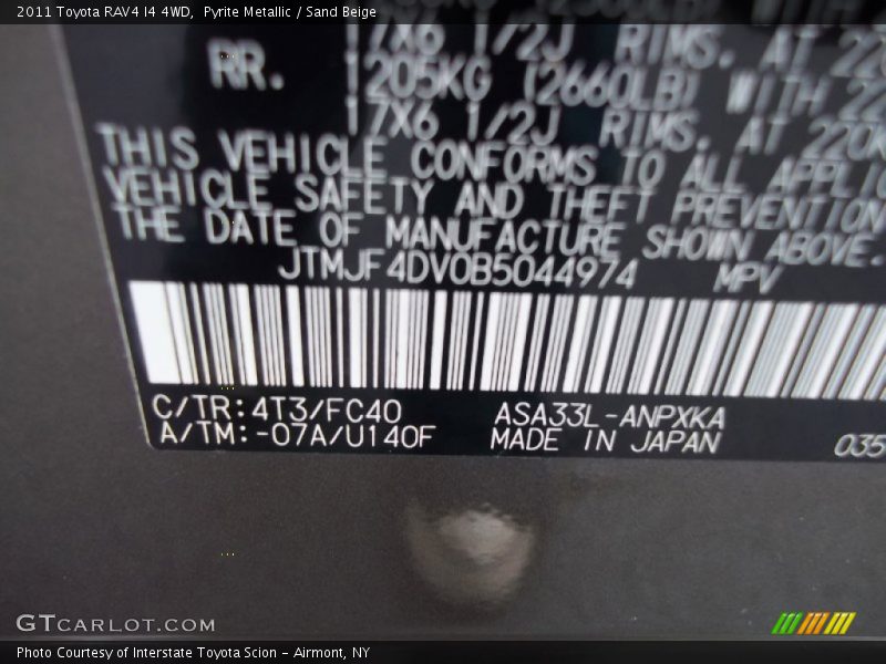 2011 RAV4 I4 4WD Pyrite Metallic Color Code 4T3