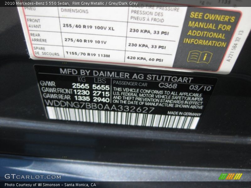 Flint Grey Metallic / Grey/Dark Grey 2010 Mercedes-Benz S 550 Sedan