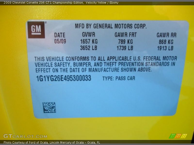 Info Tag of 2009 Corvette Z06 GT1 Championship Edition