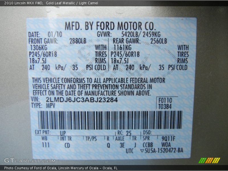 Gold Leaf Metallic / Light Camel 2010 Lincoln MKX FWD