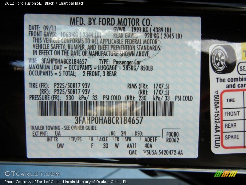 Black / Charcoal Black 2012 Ford Fusion SE