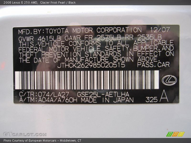 2008 IS 250 AWD Glacier Frost Pearl Color Code 074