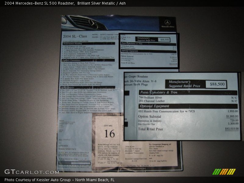  2004 SL 500 Roadster Window Sticker