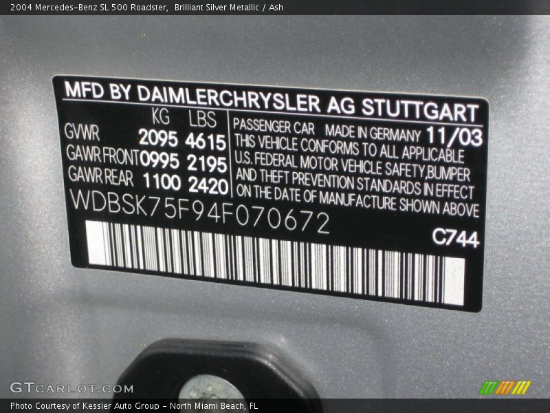 2004 SL 500 Roadster Brilliant Silver Metallic Color Code 744
