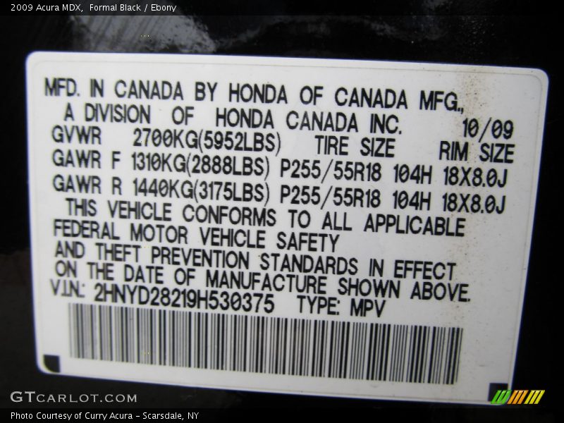 Formal Black / Ebony 2009 Acura MDX