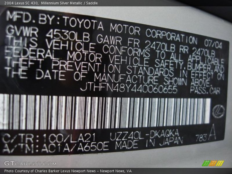 Millennium Silver Metallic / Saddle 2004 Lexus SC 430