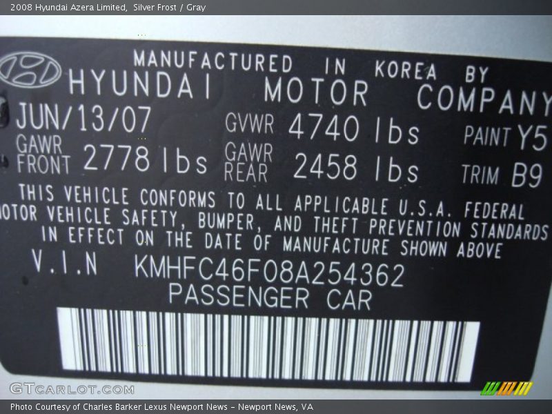 Silver Frost / Gray 2008 Hyundai Azera Limited