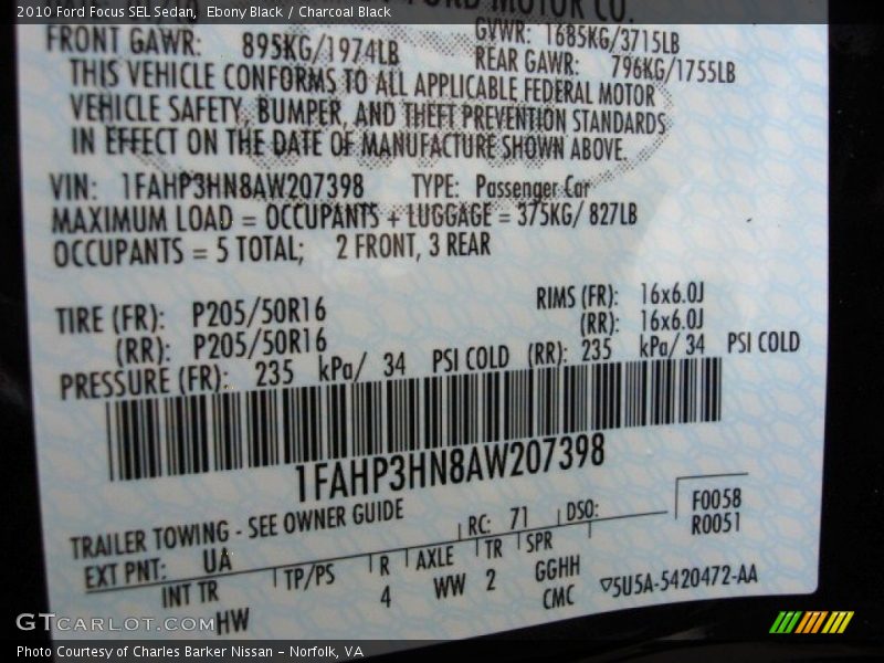 Ebony Black / Charcoal Black 2010 Ford Focus SEL Sedan