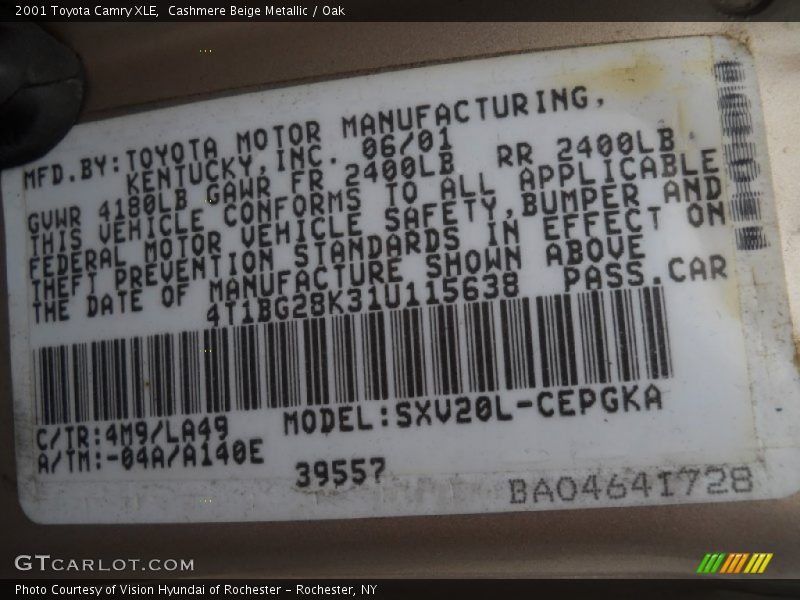 2001 Camry XLE Cashmere Beige Metallic Color Code 4M9
