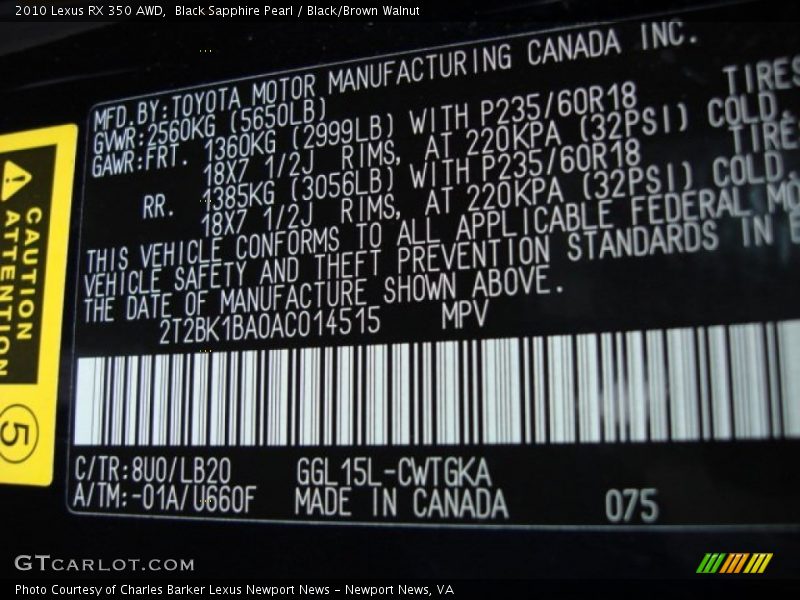 Black Sapphire Pearl / Black/Brown Walnut 2010 Lexus RX 350 AWD