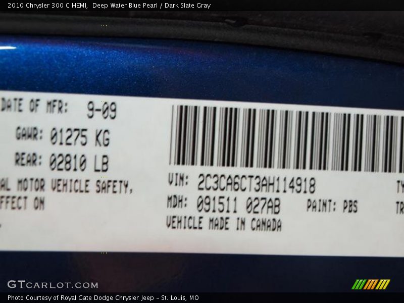 2010 300 C HEMI Deep Water Blue Pearl Color Code PBS