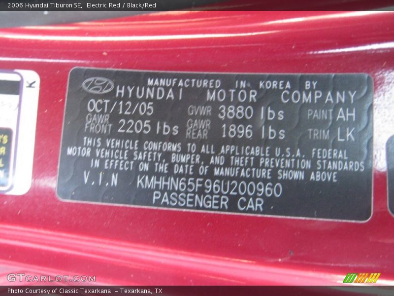 2006 Tiburon SE Electric Red Color Code AH