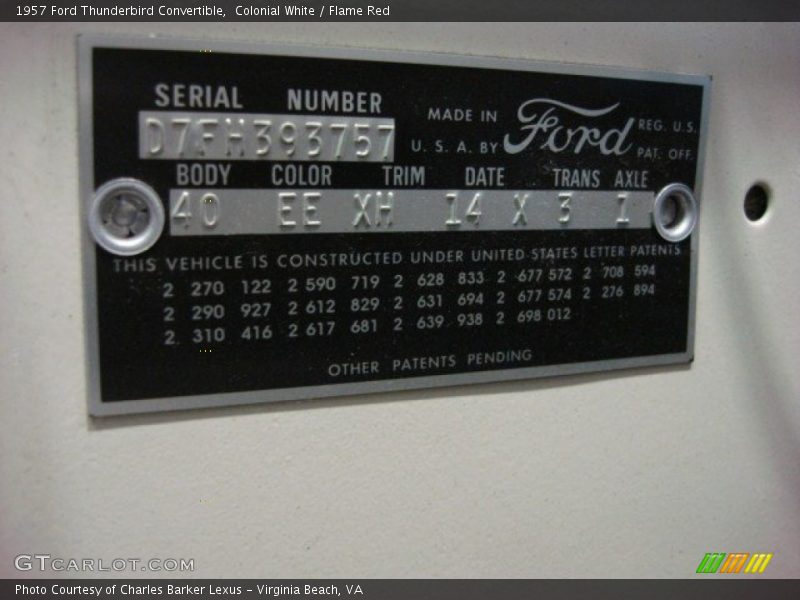 Info Tag of 1957 Thunderbird Convertible