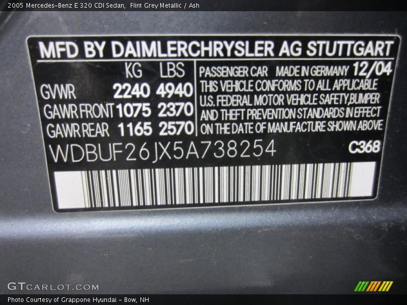 2005 E 320 CDI Sedan Flint Grey Metallic Color Code 368