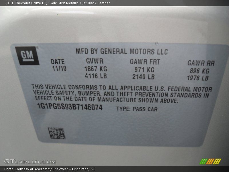 Gold Mist Metallic / Jet Black Leather 2011 Chevrolet Cruze LT
