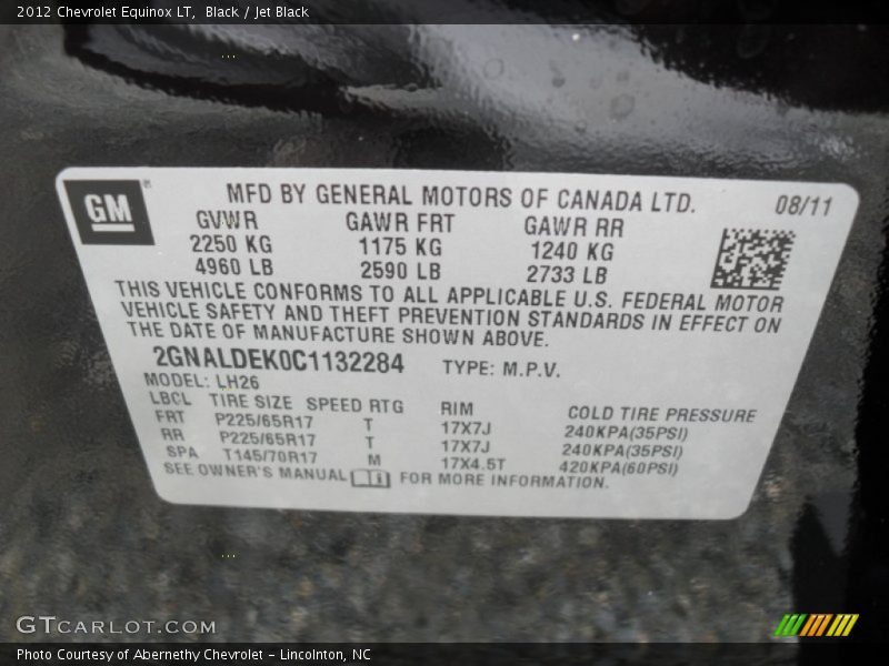 Black / Jet Black 2012 Chevrolet Equinox LT