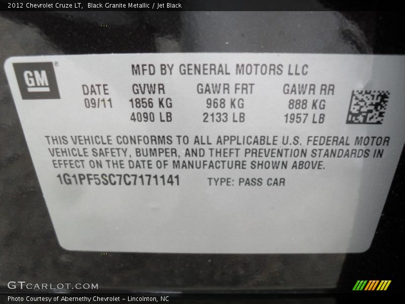 Black Granite Metallic / Jet Black 2012 Chevrolet Cruze LT