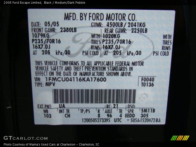 2006 Escape Limited Black Color Code UA