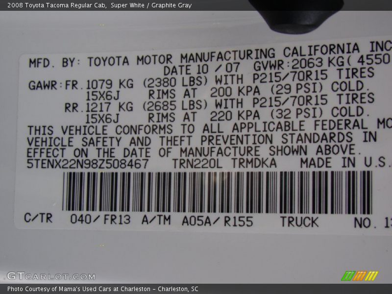 Info Tag of 2008 Tacoma Regular Cab