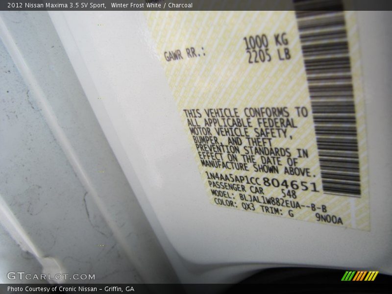Winter Frost White / Charcoal 2012 Nissan Maxima 3.5 SV Sport