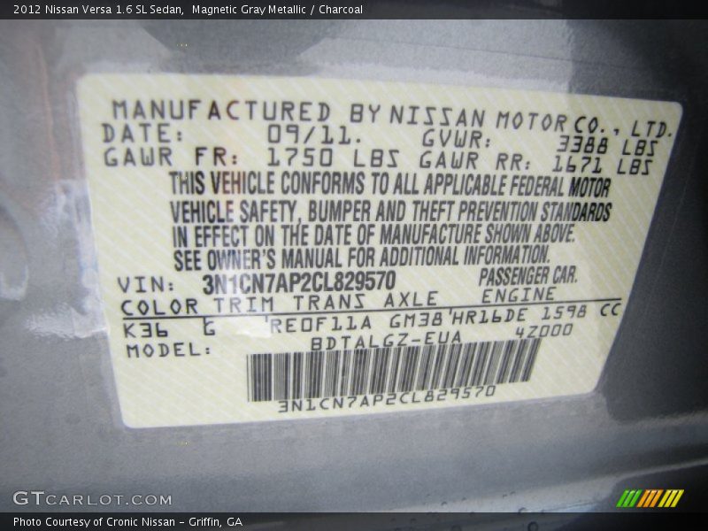 Magnetic Gray Metallic / Charcoal 2012 Nissan Versa 1.6 SL Sedan