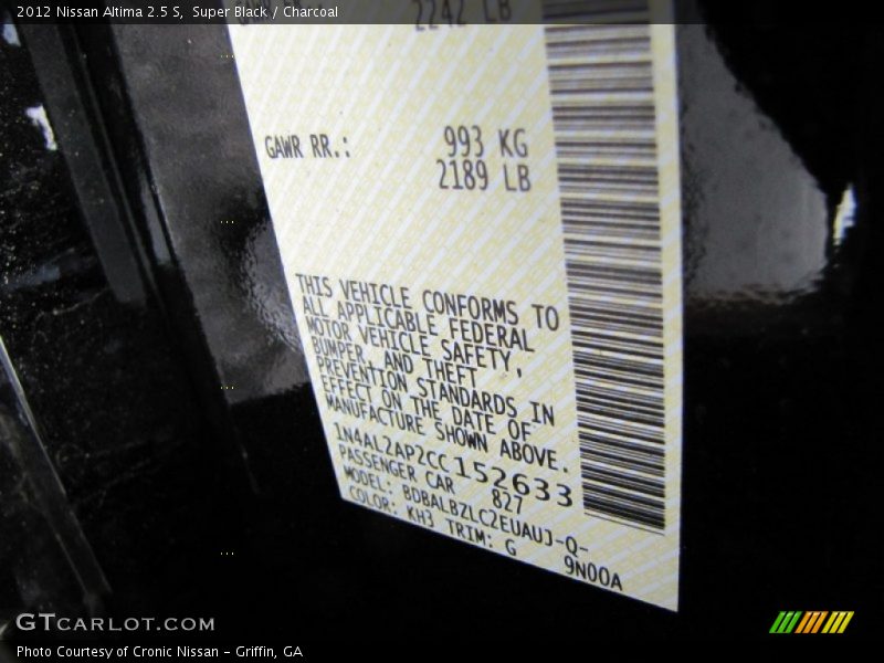 Super Black / Charcoal 2012 Nissan Altima 2.5 S