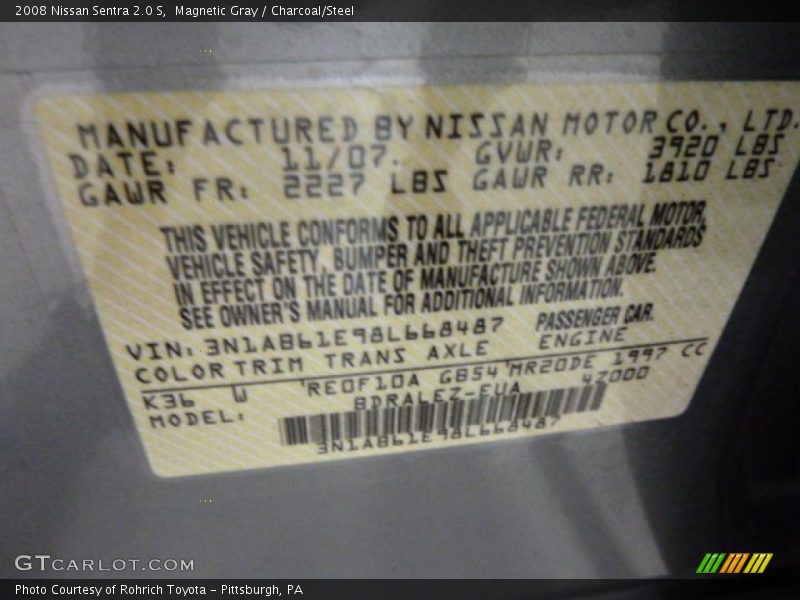 Magnetic Gray / Charcoal/Steel 2008 Nissan Sentra 2.0 S