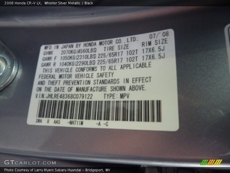 2008 CR-V LX Whistler Silver Metallic Color Code NH711M