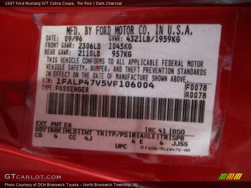 1997 Mustang SVT Cobra Coupe Rio Red Color Code E8
